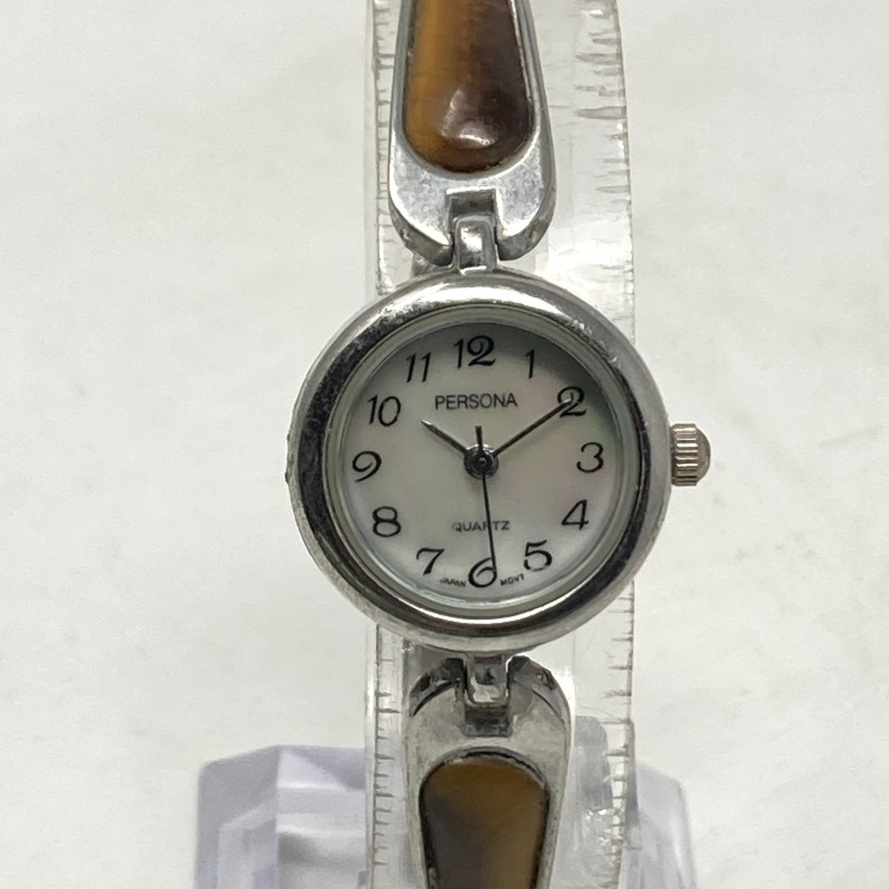 Persona Women's Watch Tiger's Eye 21mm Silver Tone MOP Dial New Battery 6.25"